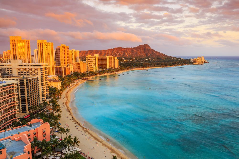 Image of Honolulu, Hawaii skyline in the evening.