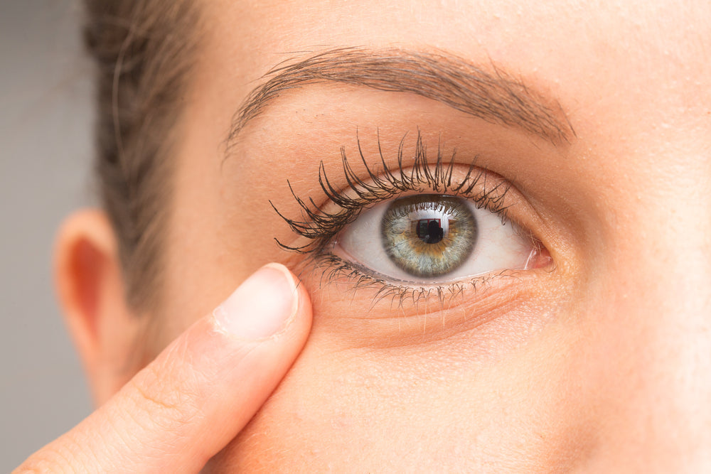 Finger pointing to eye bag underneath the eye