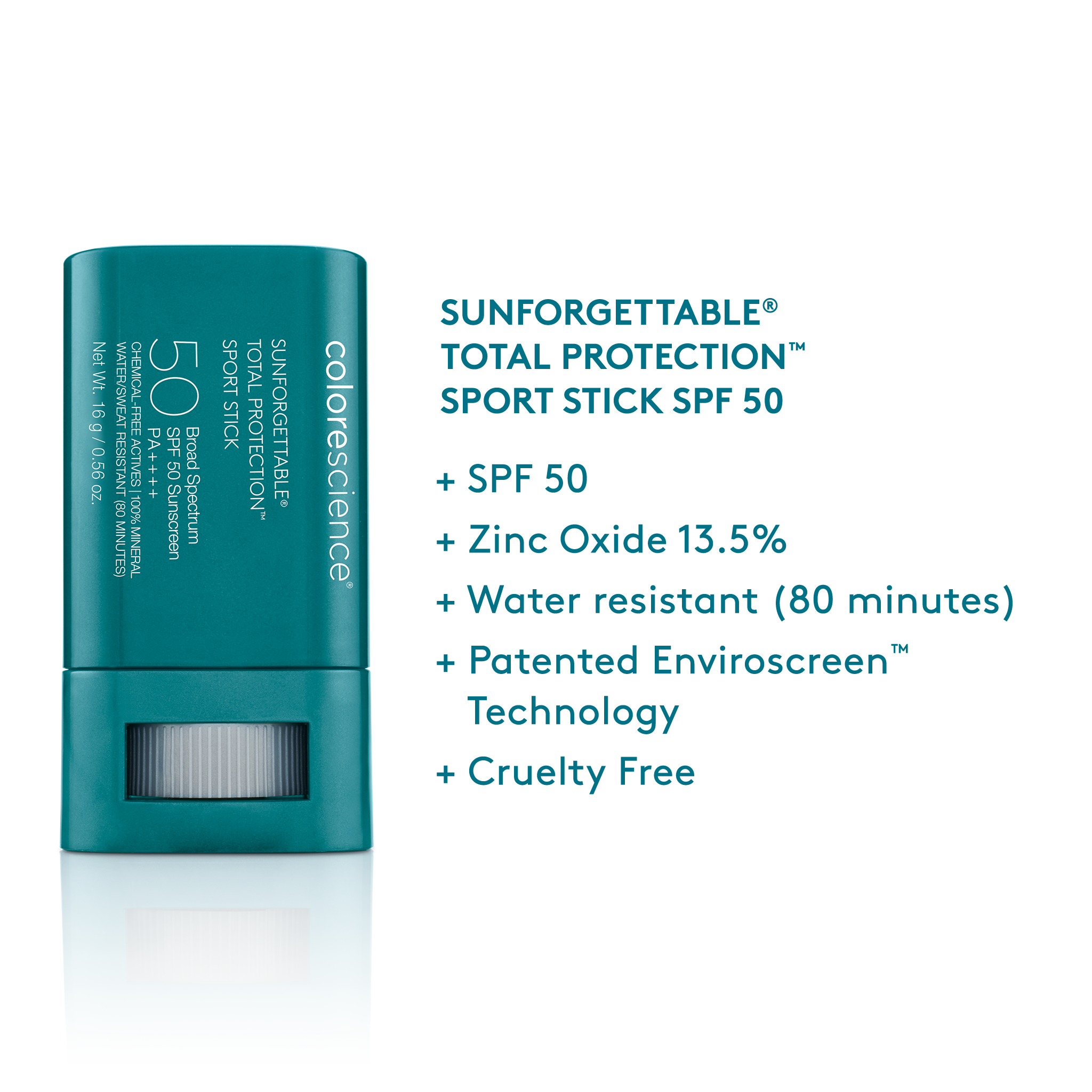 Sunforgettable® Total Protection® Sport Stick SPF 50. Zinc Oxide 13.5%, water resistant (80 minutes), Patented Enviroscreen Technology, Cruelty Free || all