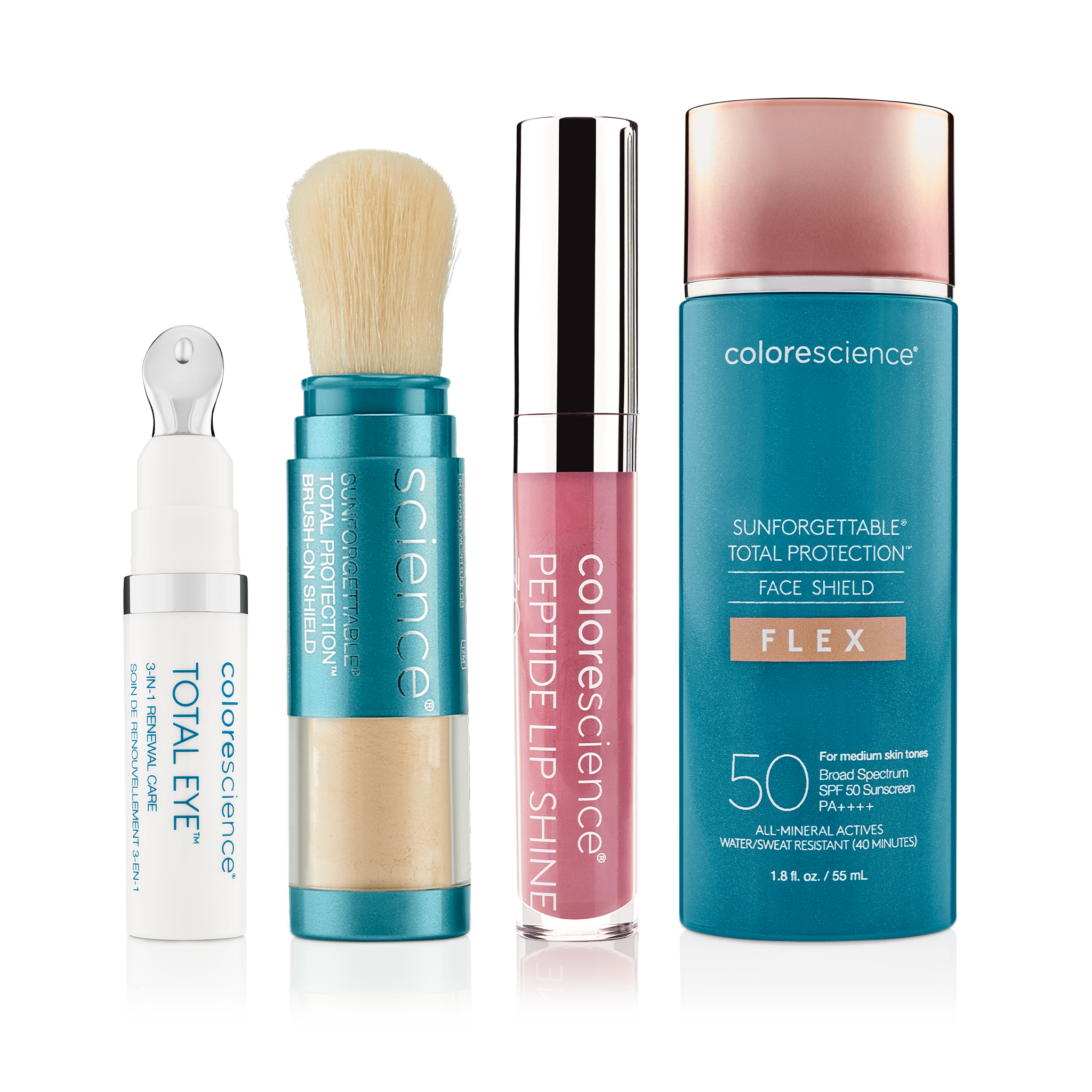 Suzetty's Favorites: Total Eye 3in1 Renewal Therapy, Sunforgettable Total Protection Brush-on Shield SPF 50, Peptide Lip Shine SPF 30 in Rose, Sunforgettable Total Protection Face Shield Flex SPF 50 || all