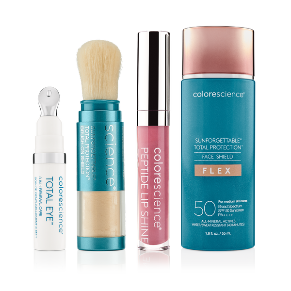 Suzetty's Favorites: Total Eye 3in1 Renewal Therapy, Sunforgettable Total Protection Brush-on Shield SPF 50, Peptide Lip Shine SPF 30 in Rose, Sunforgettable Total Protection Face Shield Flex SPF 50