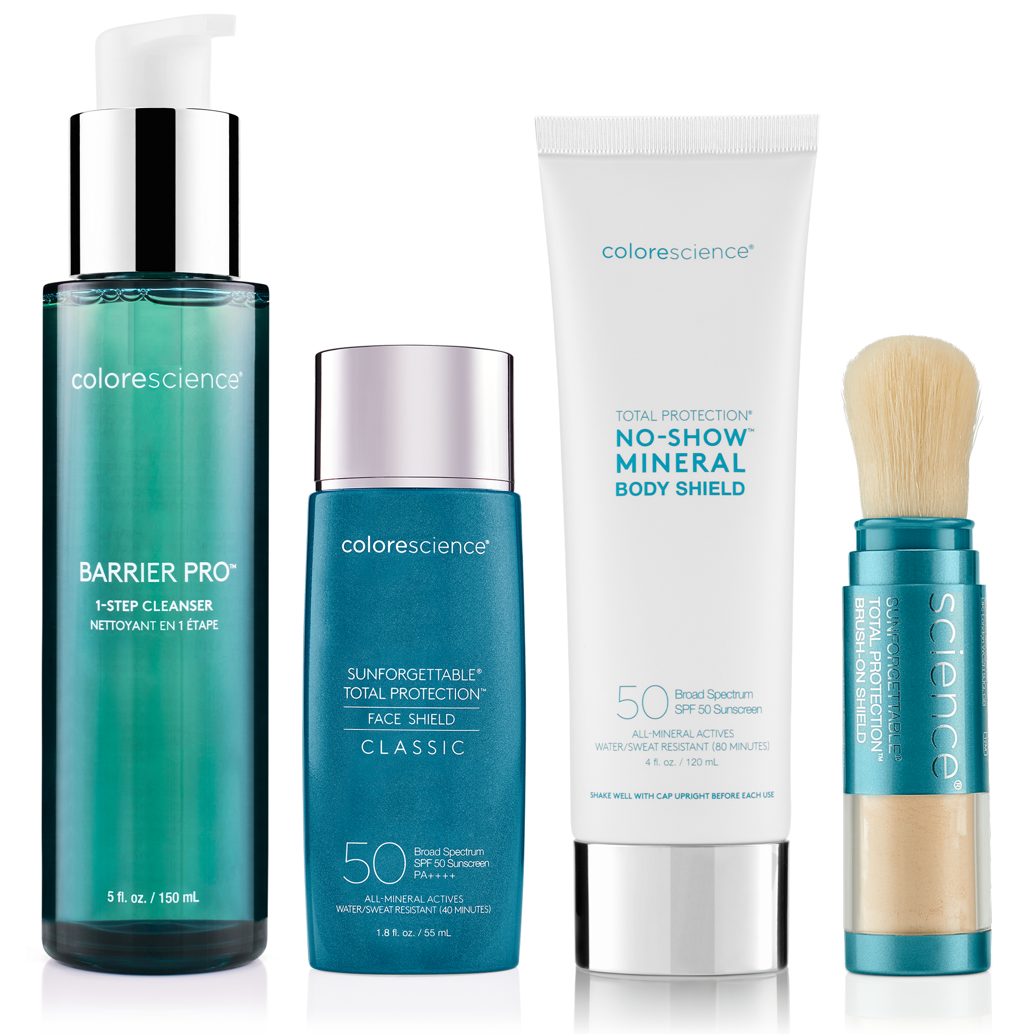 Summer Must Have Bundle, Barrier Pro™ 1-Step Cleanser, Sunforgettable® Total Protection® Face Shield Classic SPF 50, Total Protection® Body Shield No Show SPF 50 and Sunforgettable® Total Protection® Brush-On Shield SPF 50 || all