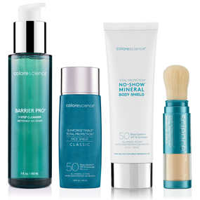 Summer Must Have Bundle, Barrier Pro™ 1-Step Cleanser, Sunforgettable® Total Protection® Face Shield Classic SPF 50, Total Protection® Body Shield No Show SPF 50 and Sunforgettable® Total Protection® Brush-On Shield SPF 50