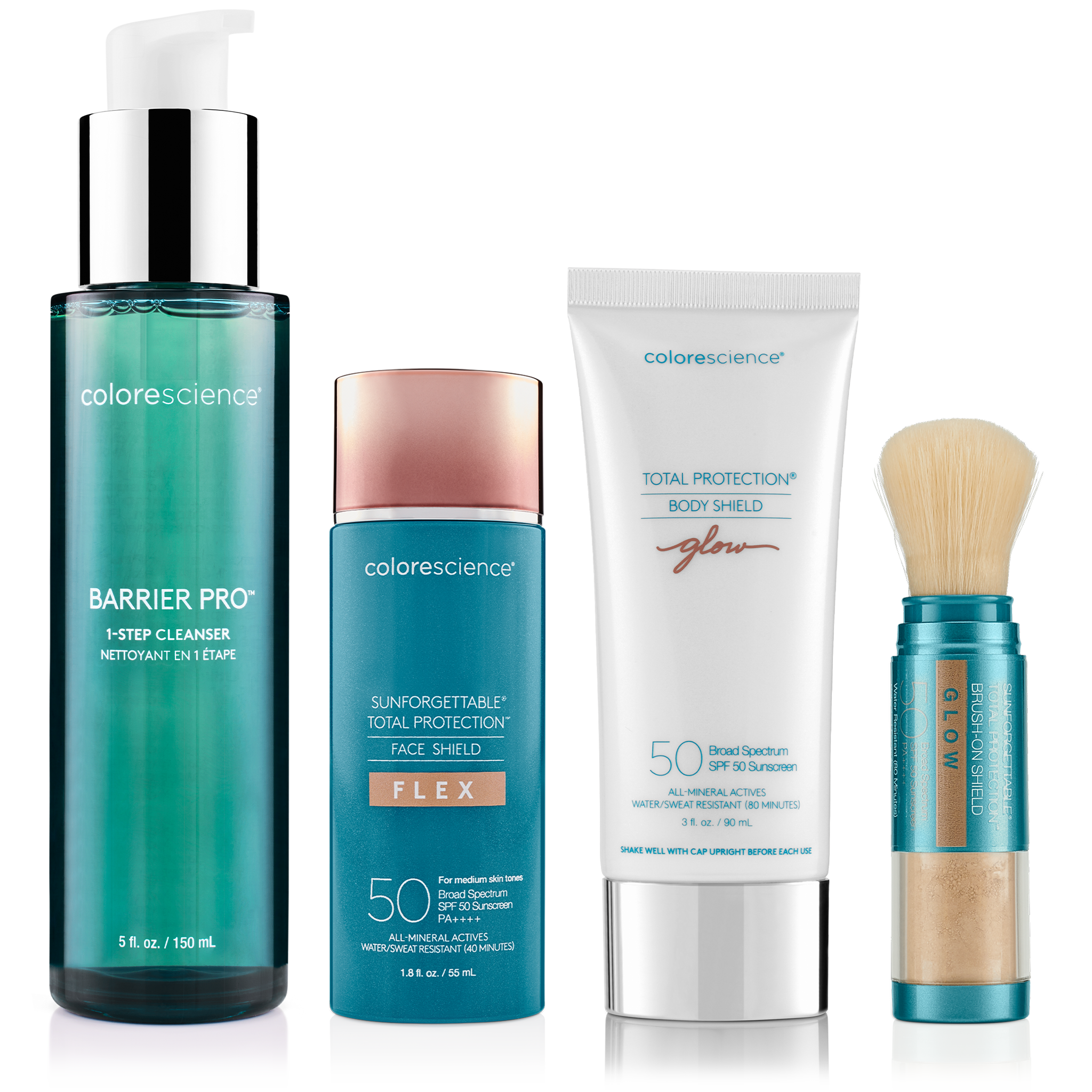 Summer Must Have Bundle, Barrier Pro™ 1-Step Cleanser, Sunforgettable® Total Protection® Face Shield Flex SPF 50, Total Protection® Body Shield Glow SPF 50 and Sunforgettable® Total Protection® Brush-On Shield Glow SPF 50 || all