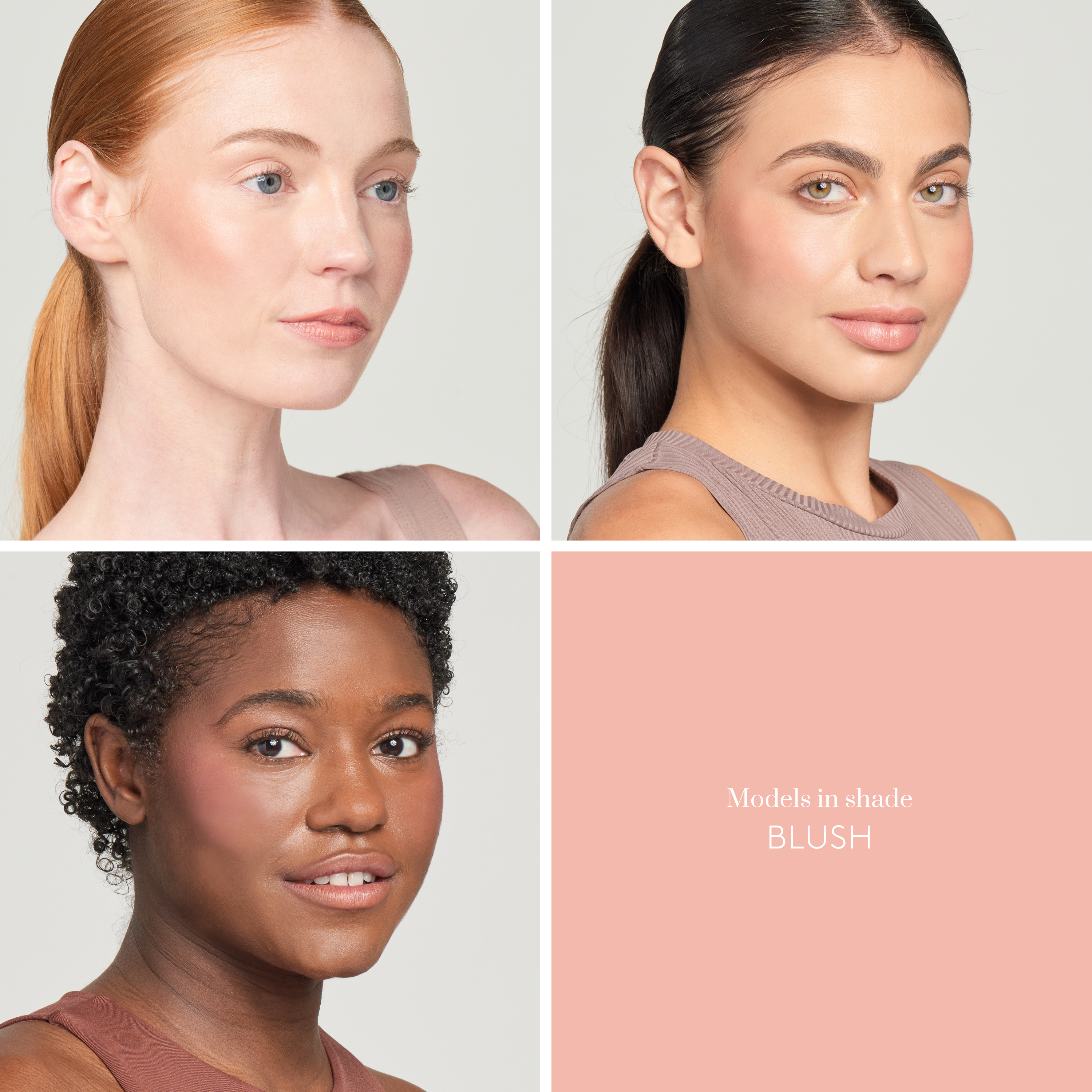 Three models of fair, light, and deep skin tone wearing Sunforgettable® Total Protection™ Color Balm SPF 50 in Blush || Blush