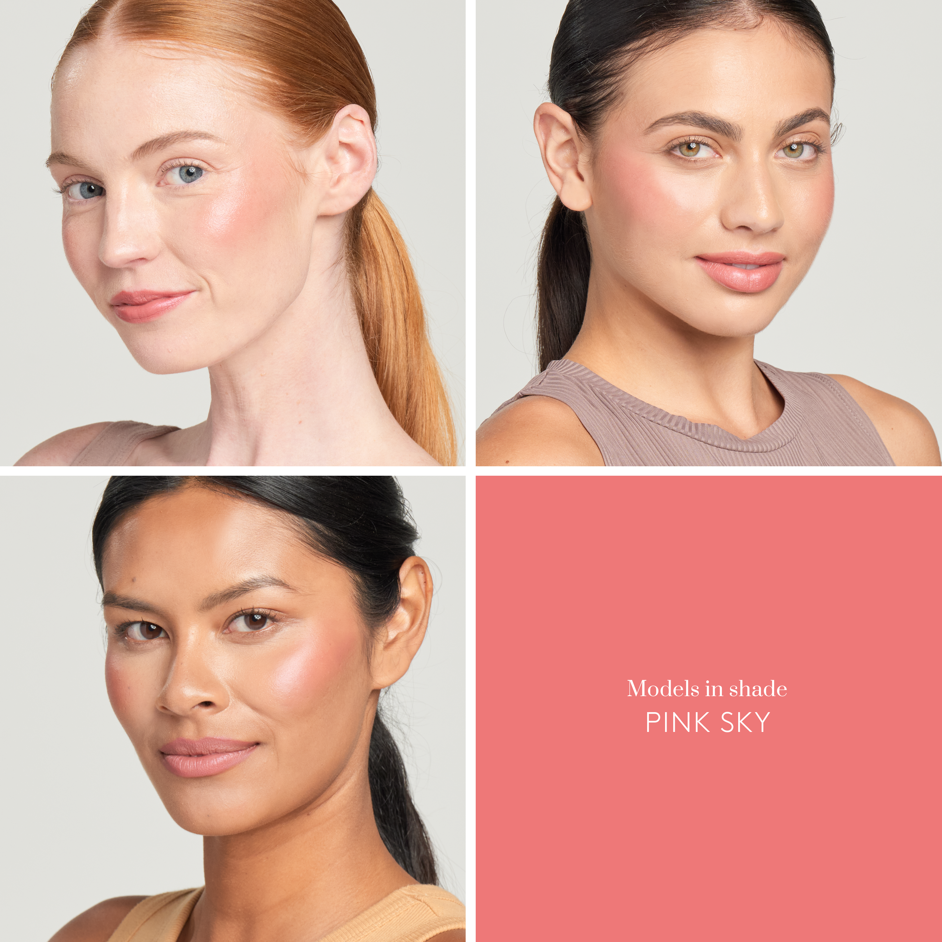 Three models of fair, light, and deep skin tone wearing Sunforgettable® Total Protection™ Color Balm SPF 50 in Pink Sky || Pink Sky