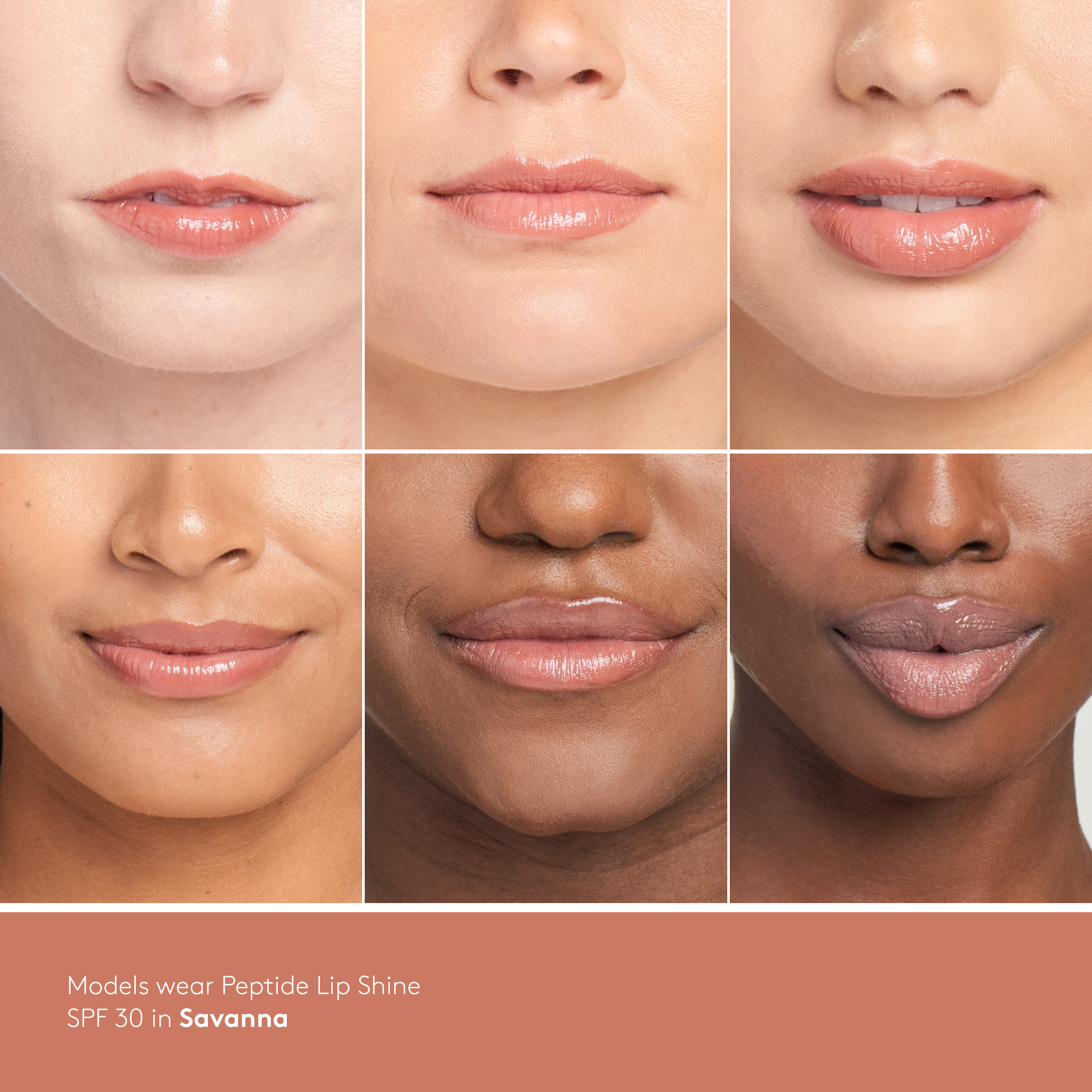 Peptide Lip Shine SPF 30 on 6 models of different skin tones || Savanna