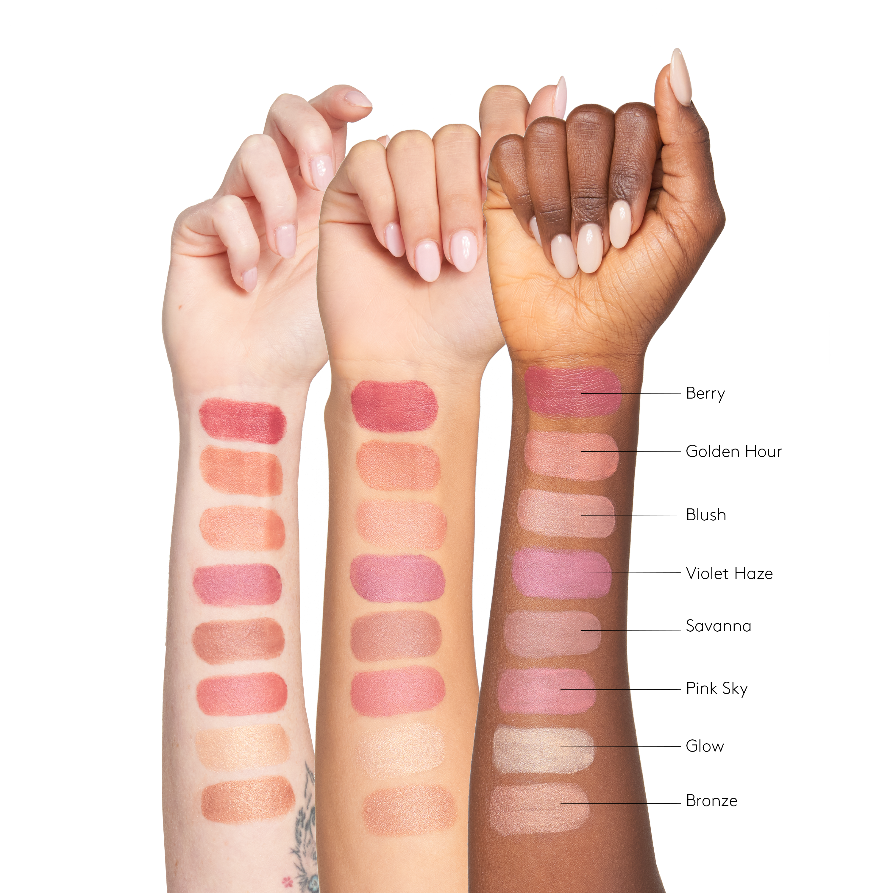 Sunforgettable® Total Protection™ Color Balm SPF 50 arm swatches on fair, medium, and dark skin tones || all