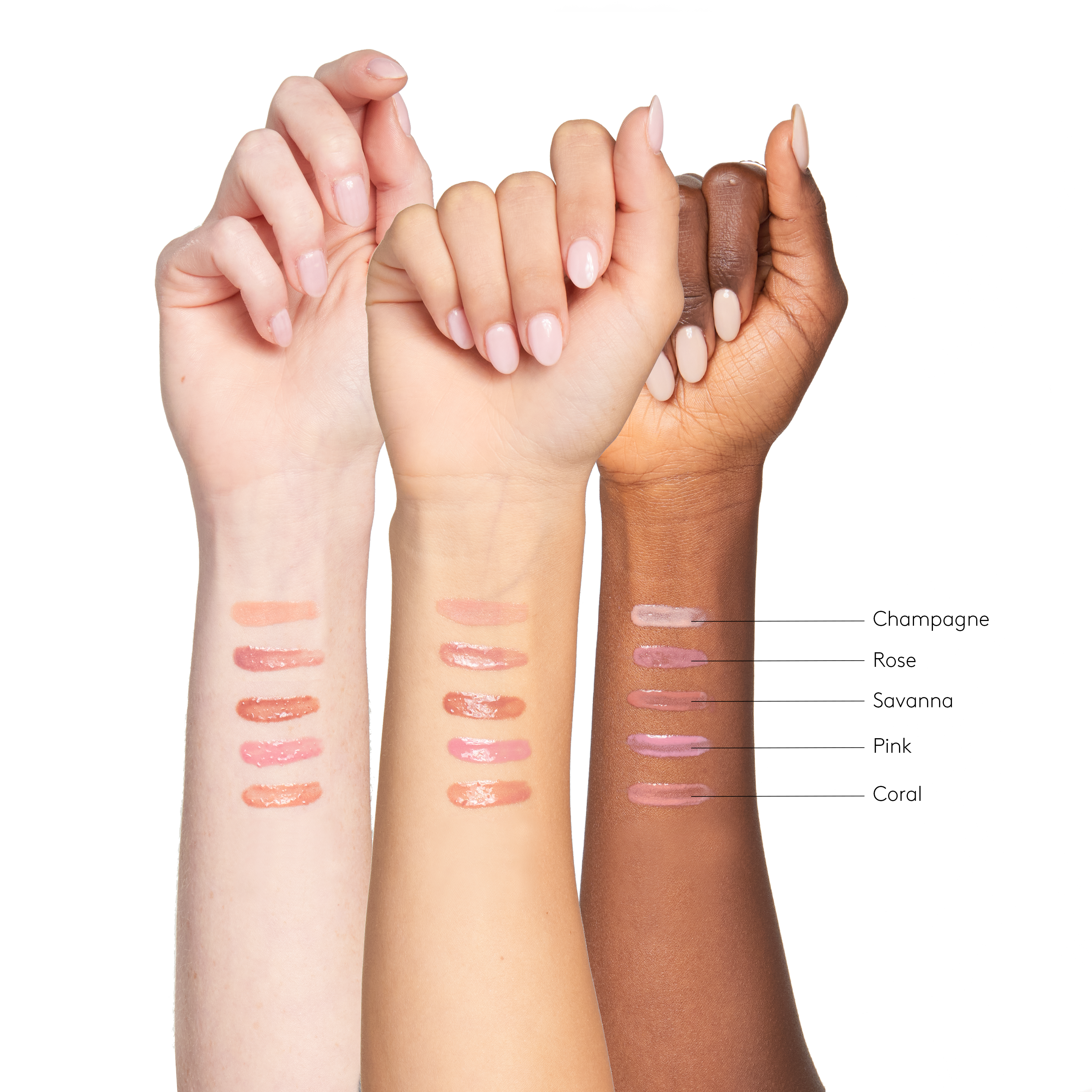 Peptide Lip Shine SPF 30 arm swatches top to bottom: Champagne, Rose, Savanna, Pink, Coral on light, medium, and dark skin tones || all