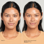 Model with tan skin tone wearing Sunforgettable® Total Protection™ Face Shield Bronze SPF 50 before and after || Bronze