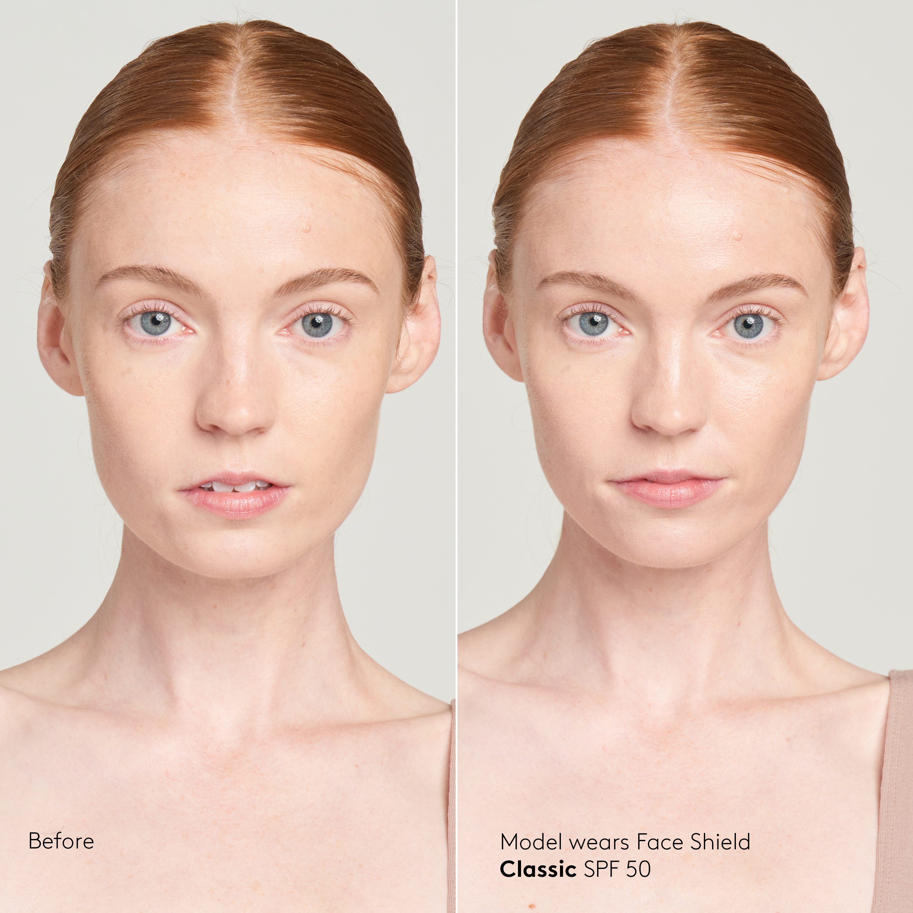 Model with fair skin tone wearing Sunforgettable® Total Protection™ Face Shield Classic SPF 50 before and after || all