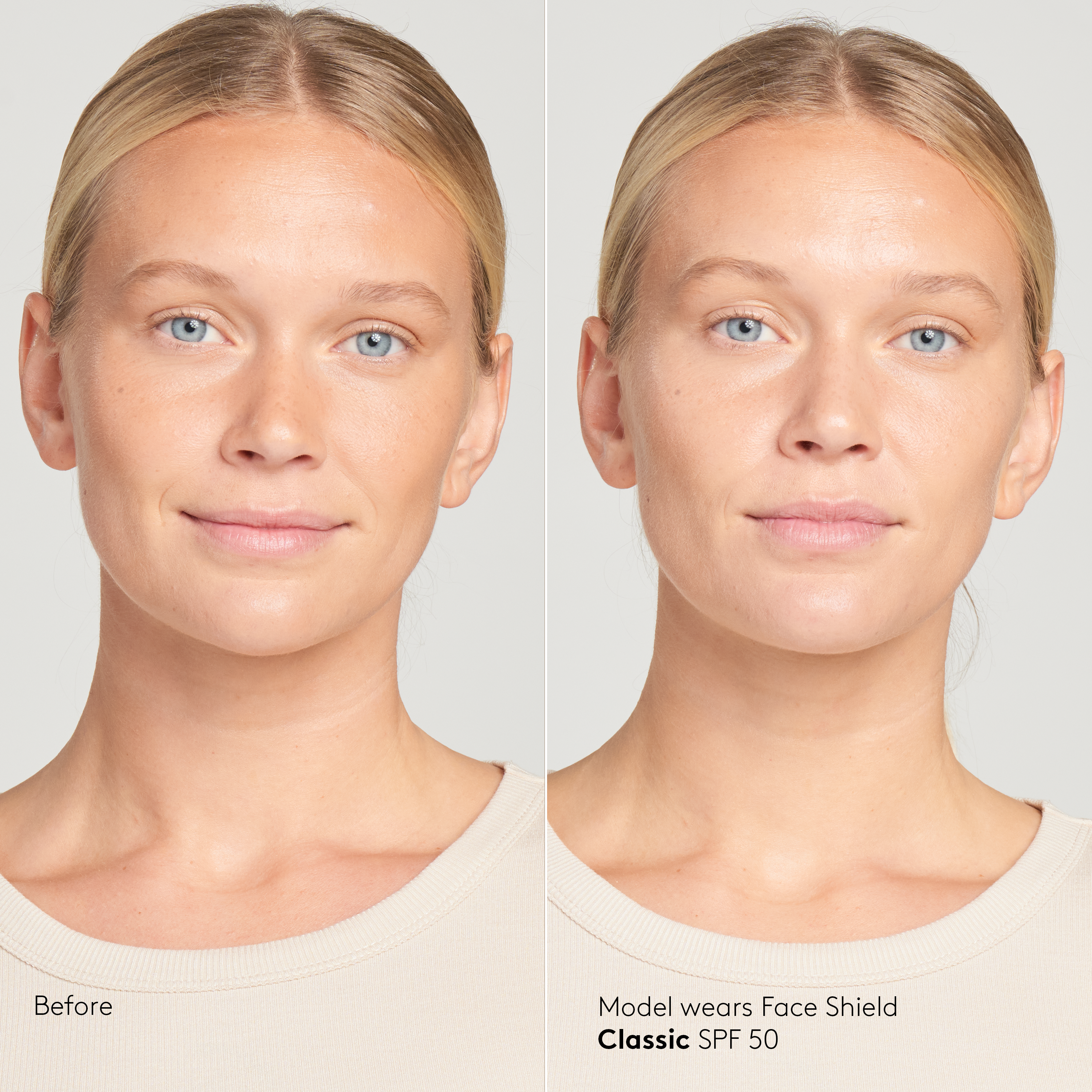 Model with light skin tone wearing Sunforgettable® Total Protection™ Face Shield Classic SPF 50 before and after || all