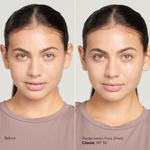 Model with medium skin tone wearing Sunforgettable® Total Protection™ Face Shield Classic SPF 50 before and after || all