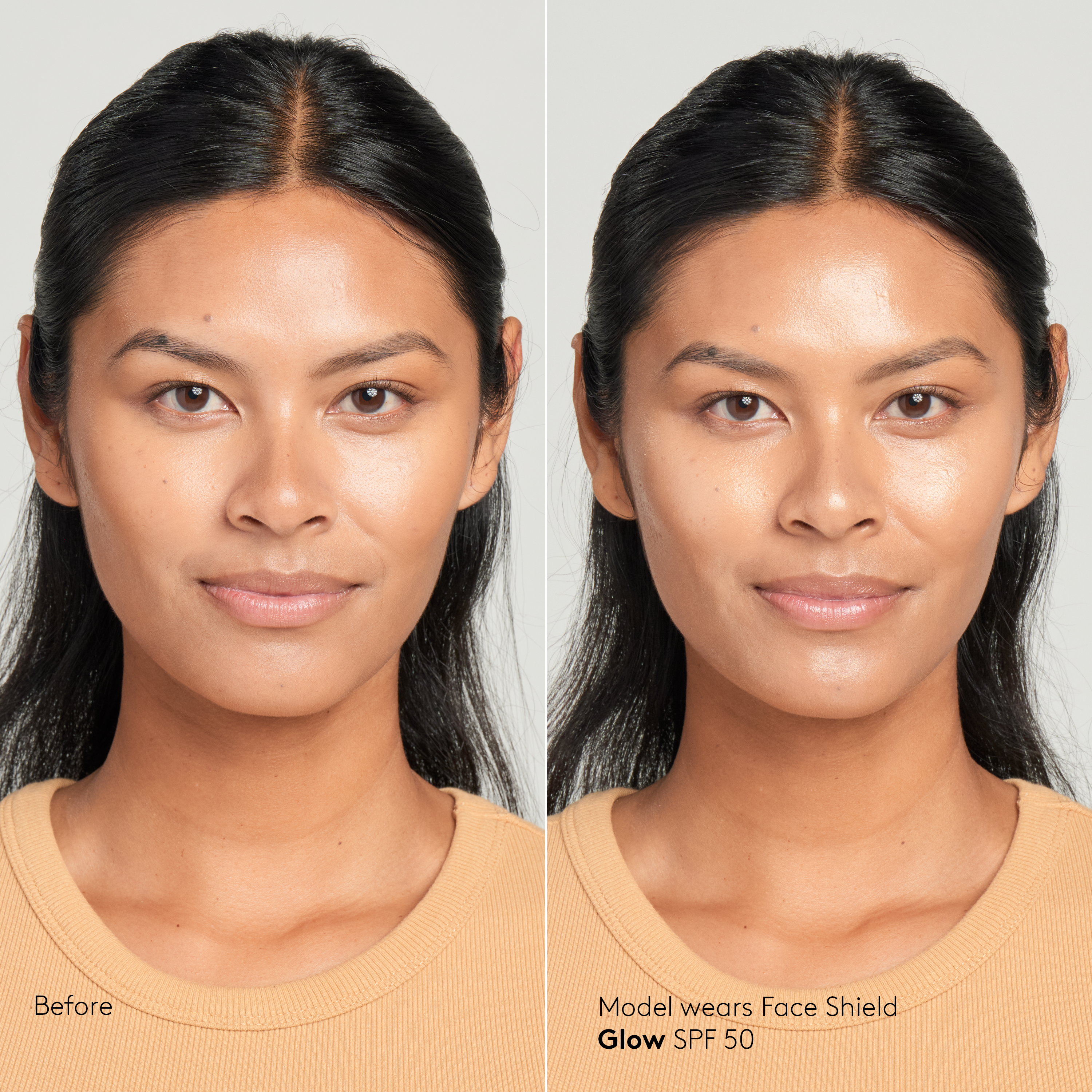 Model with tan skin tone wearing Sunforgettable® Total Protection™ Face Shield Glow SPF 50 before and after || all