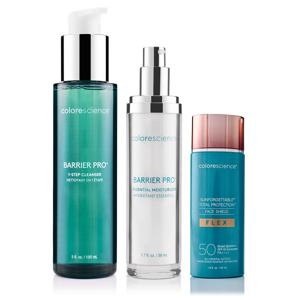 Standing bottles of Barrier Pro 1-Step Cleanser, Barrier Pro Essential Moisturizer, and Total Protection Face Shield Flex SPF 50 on white background || all