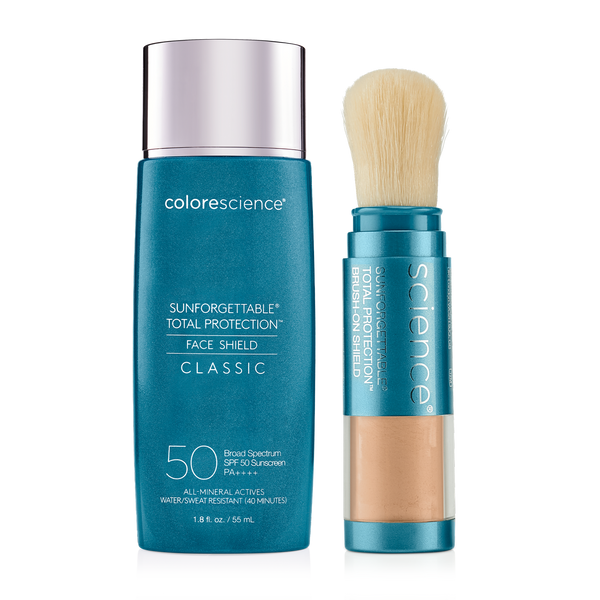 Standing products of Total Protection Face Shield Classic SPF 50 and Sunforgettable® Total Protection® Brush-On Shield on white background | all