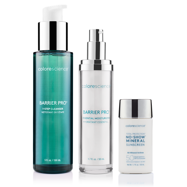Standing bottles of Barrier Pro 1-Step Cleanser, Barrier Pro Essential Moisturizer, and Total Protection No-Show Mineral Sunscreen SPF 50 on white background || all