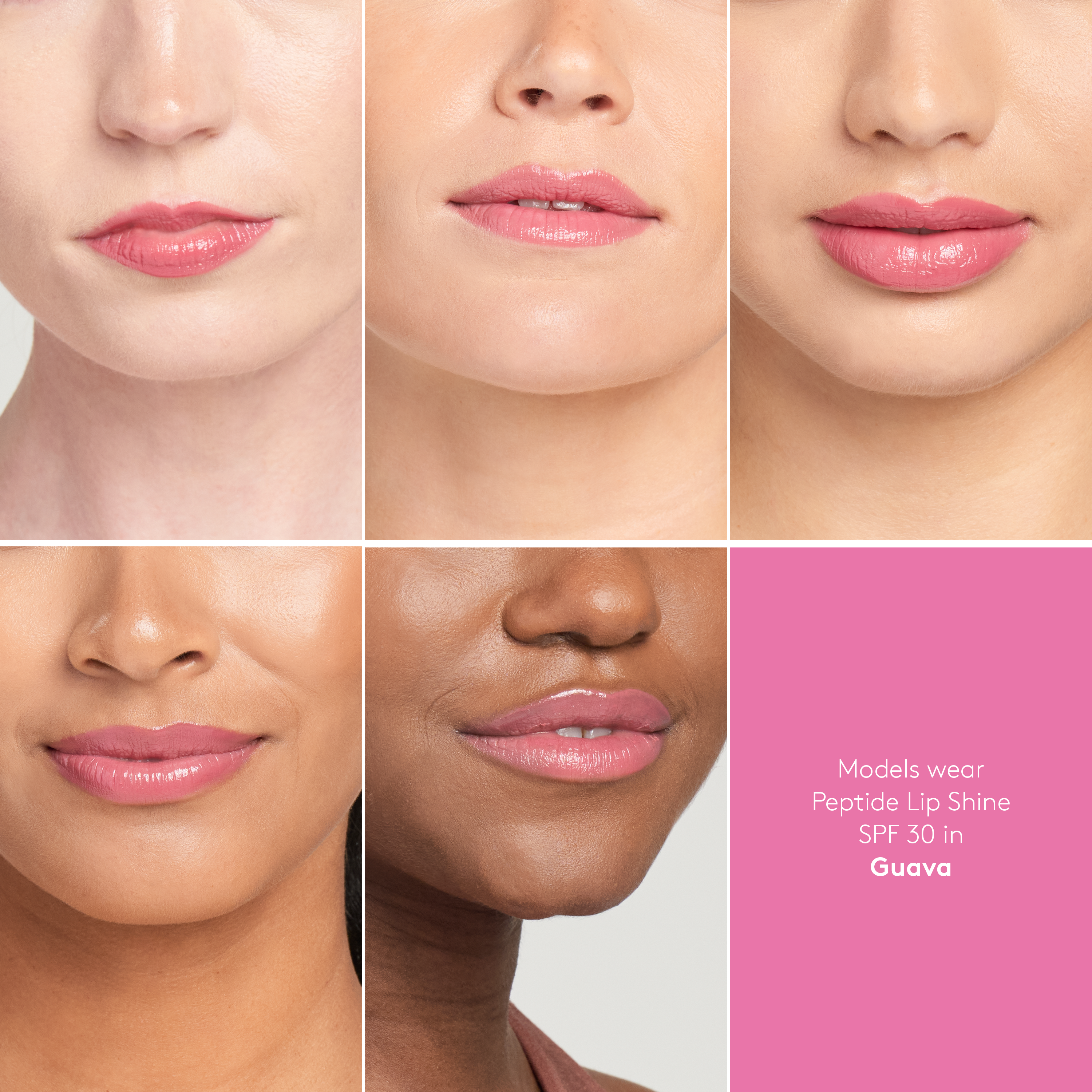 Peptide Lip Shine SPF 30 on 6 models of different skin tones || Guava