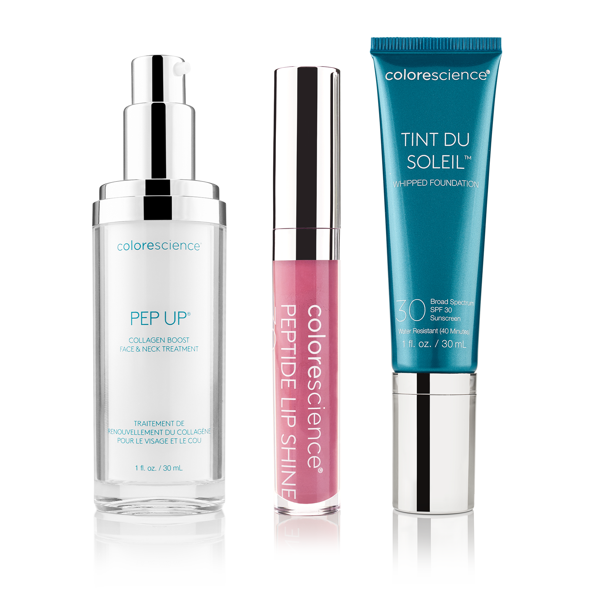Triple Pep: Pep Up Collagen Boost Face & Neck Serum, Peptide Lip Shine SPF 30, Tint du Soleil Whipped Mineral Foundation SPF 30 || all