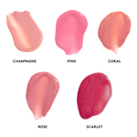 Lip Shine SPF 35 swatches left to right: Champagne, Pink, Coral, Rose, Scarlet || hide