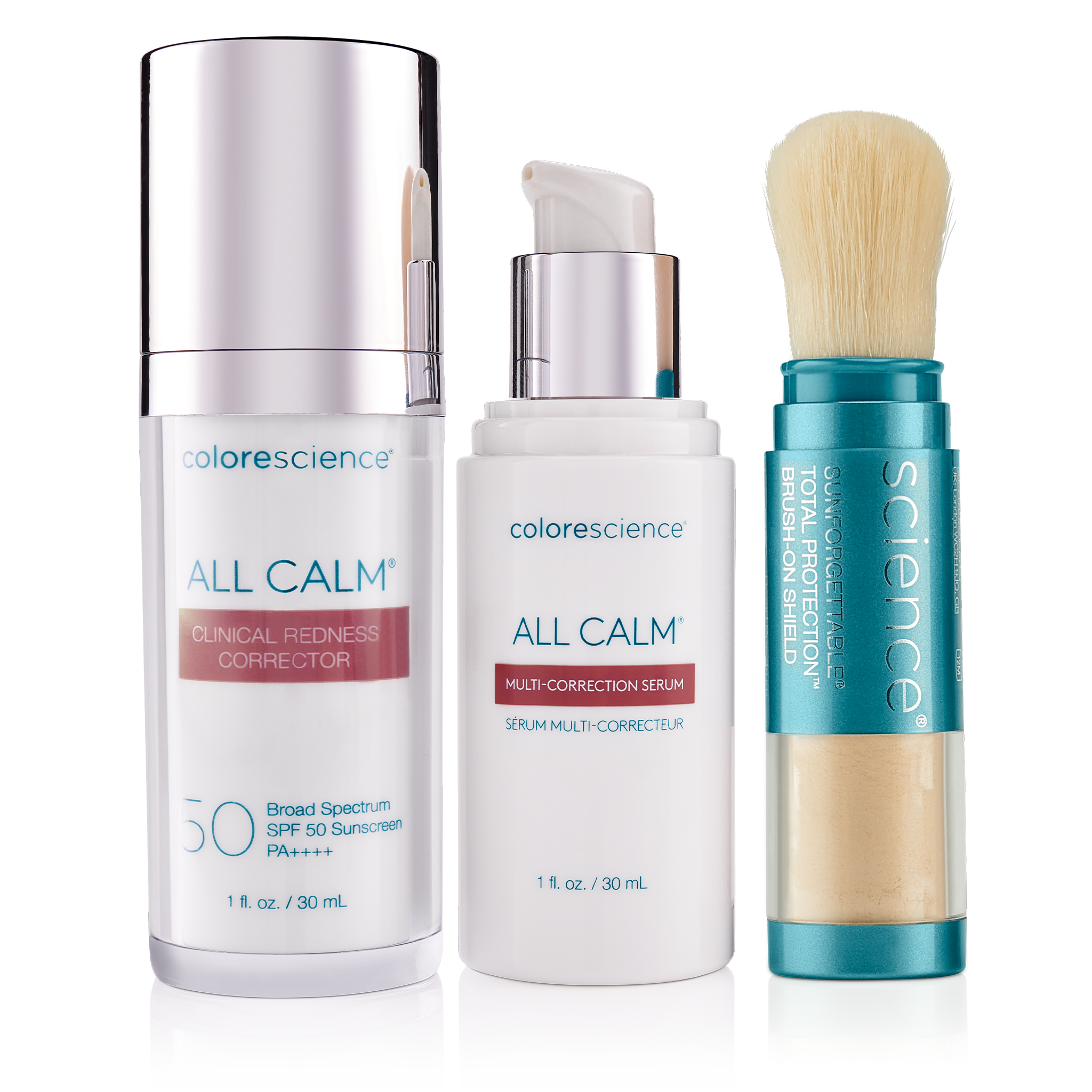 All Calm® Sensitive Skin Regimen: Clinical Redness Corrector SPF 50, Multi-Correction Serum, Sunforgettable® Total Protection™ Brush-On Shield SPF 50 || all