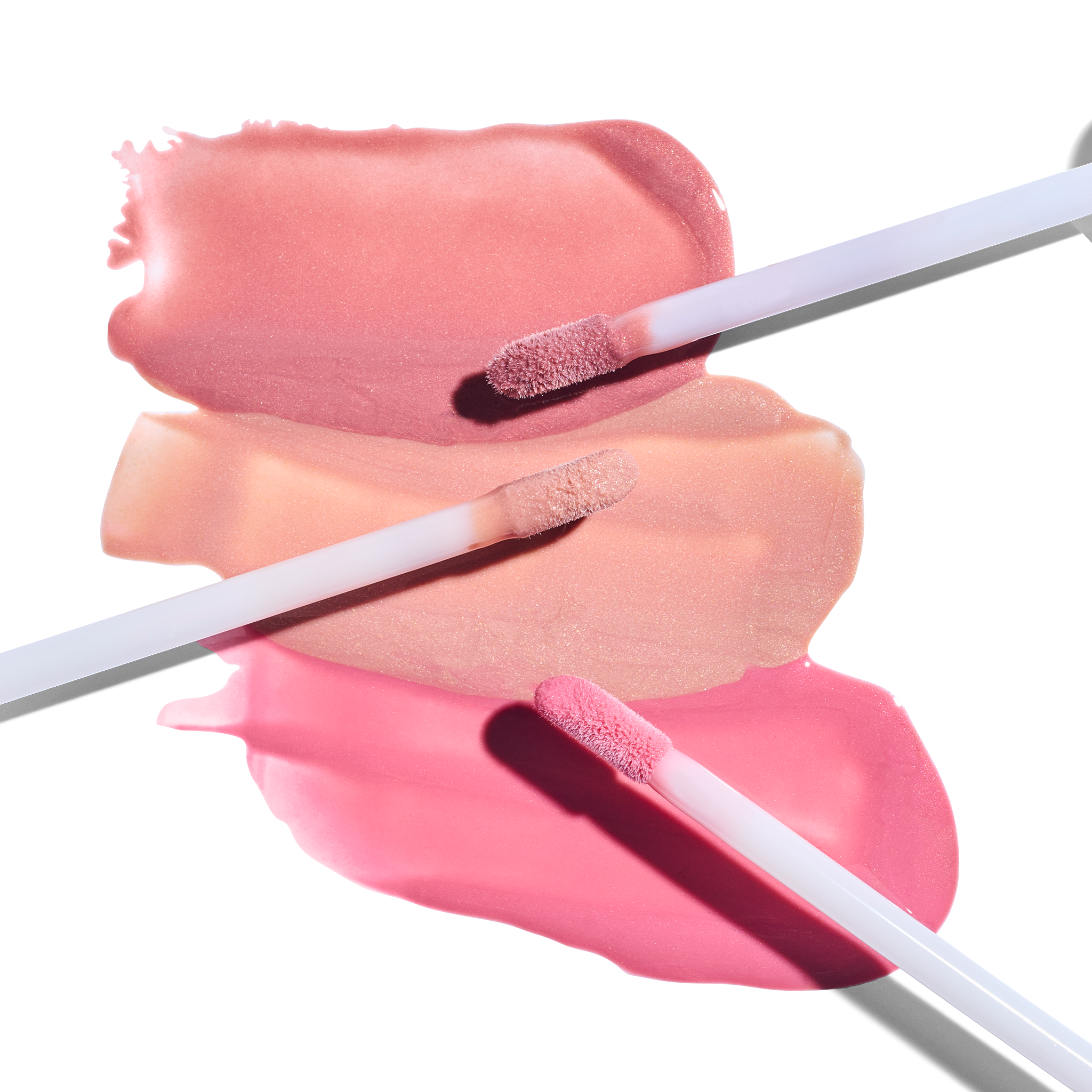 Peptide Lip Shine SPF 30 Rose, Champagne, Pink swatches with applicator || all