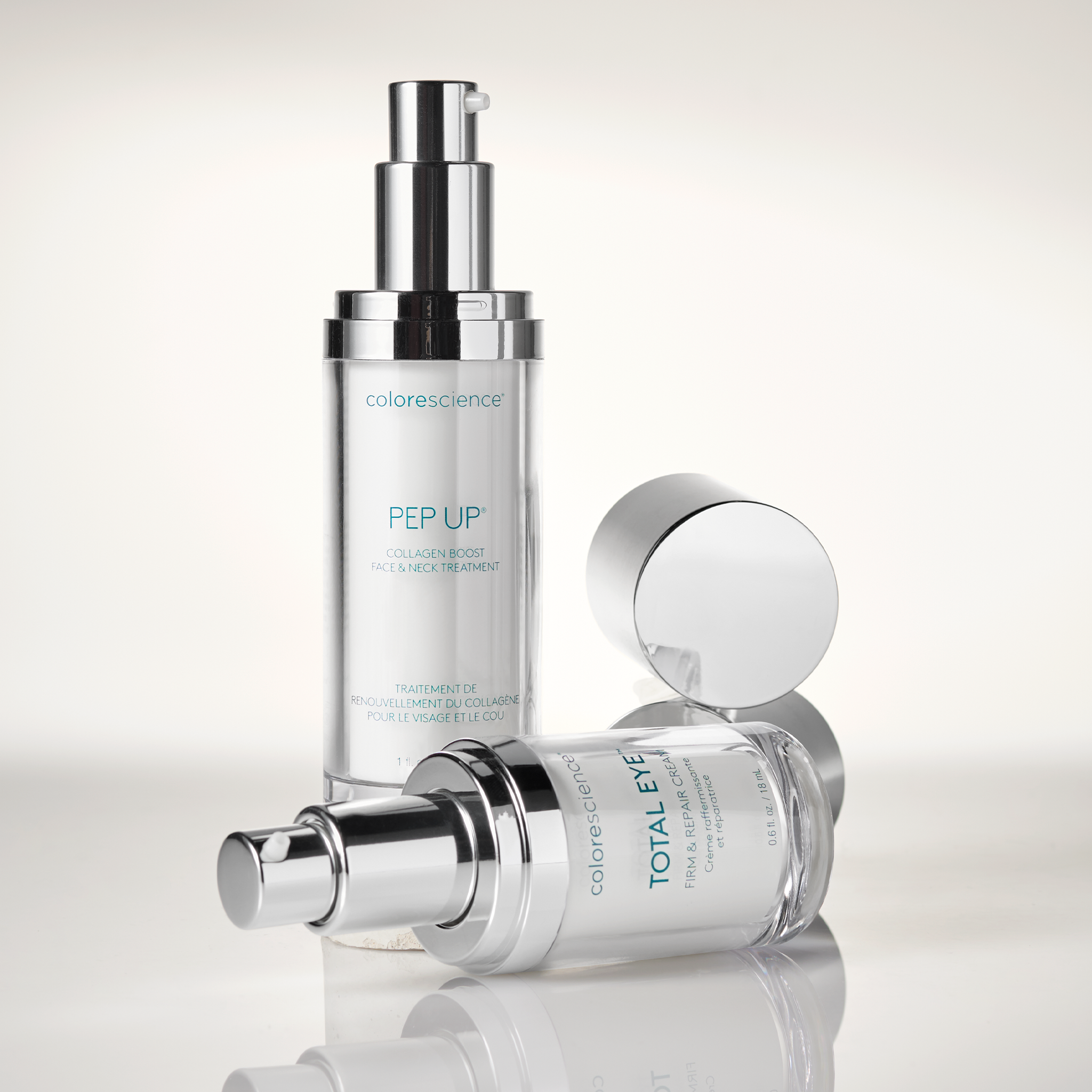 Collection of Colorescience skincare products on a light gray background || all