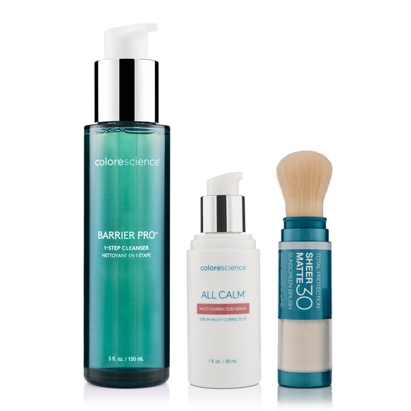 Colorescience Barrier Pro Cleanser, All Calm Multi-Correction Serum, Total Protection Sheer Matt SPF 30 Brush