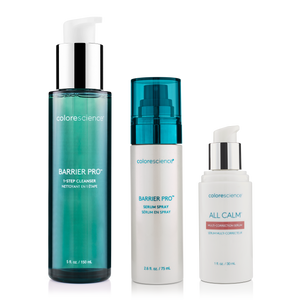 Colorescience Barrier Pro Cleanser, Barrier Pro Serum Spray, All Calm Multi-Correction Serum || all