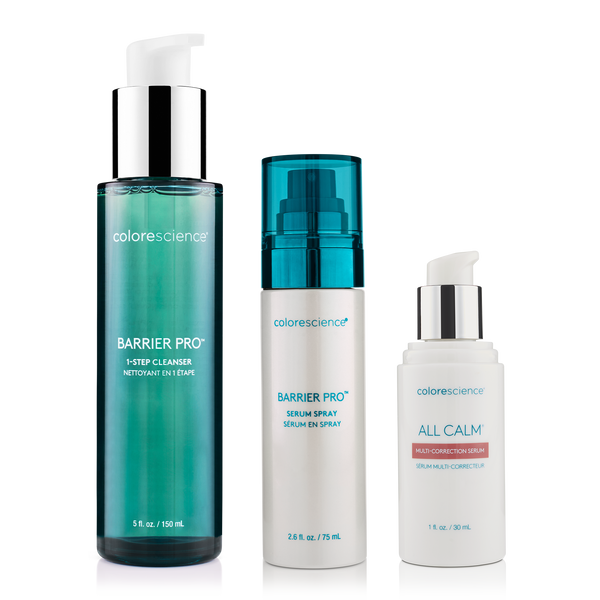 Colorescience Barrier Pro Cleanser, Barrier Pro Serum Spray, All Calm Multi-Correction Serum