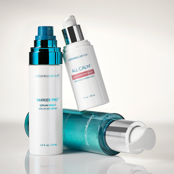 Collection of Colorescience skincare products on a light gray background