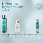 Skincare routine steps for oily skin with product images and text on a light blue background.
