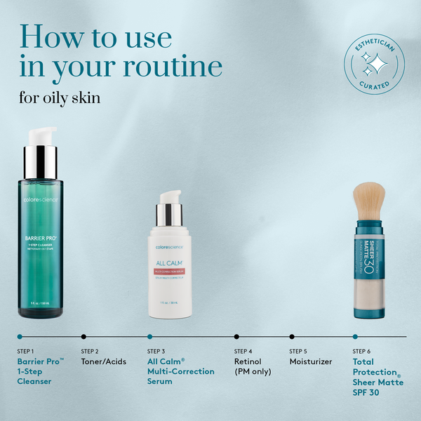 Skincare routine steps for oily skin with product images and text on a light blue background.