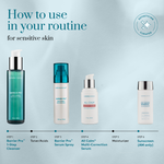 Skincare routine steps for sensitive skin with product images and text on a light blue background.