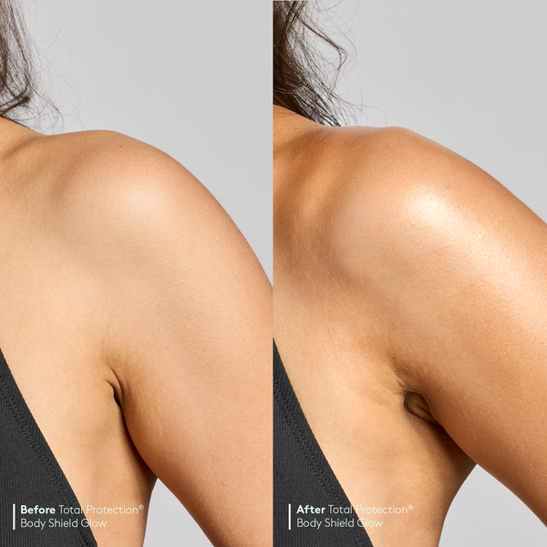 Before and after comparison of a person wearing Total Protection® Body Shield Glow SPF 50
