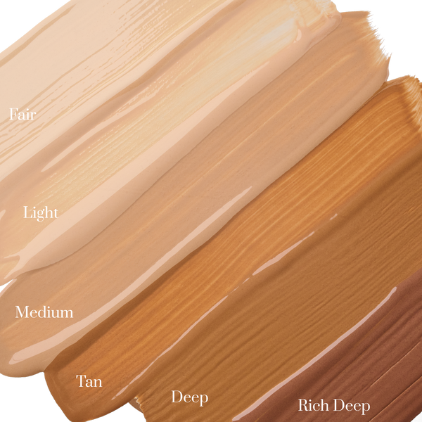 Face Shield Flex swatches in Fair, Light, Medium, Tan Deep and Rich Deep