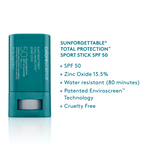 Sunforgettable® Total Protection® Sport Stick SPF 50. Zinc Oxide 13.5%, water resistant (80 minutes), Patented Enviroscreen Technology, Cruelty Free