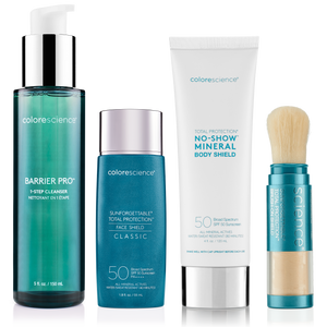 Summer Must Have Bundle, Barrier Pro™ 1-Step Cleanser, Sunforgettable® Total Protection® Face Shield Classic SPF 50, Total Protection® Body Shield No Show SPF 50 and Sunforgettable® Total Protection® Brush-On Shield SPF 50 || all