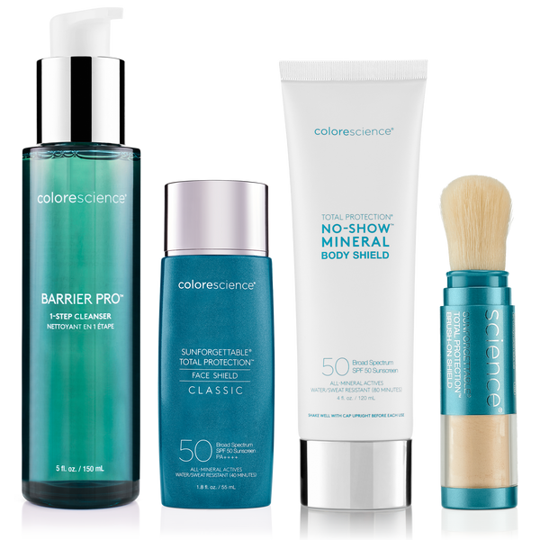 Summer Must Have Bundle, Barrier Pro™ 1-Step Cleanser, Sunforgettable® Total Protection® Face Shield Classic SPF 50, Total Protection® Body Shield No Show SPF 50 and Sunforgettable® Total Protection® Brush-On Shield SPF 50