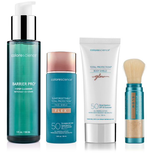 Summer Must Have Bundle, Barrier Pro™ 1-Step Cleanser, Sunforgettable® Total Protection® Face Shield Flex SPF 50, Total Protection® Body Shield Glow SPF 50 and Sunforgettable® Total Protection® Brush-On Shield Glow SPF 50
