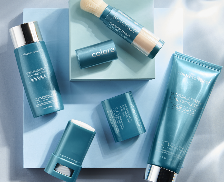 Colorescience best selling products on blue table