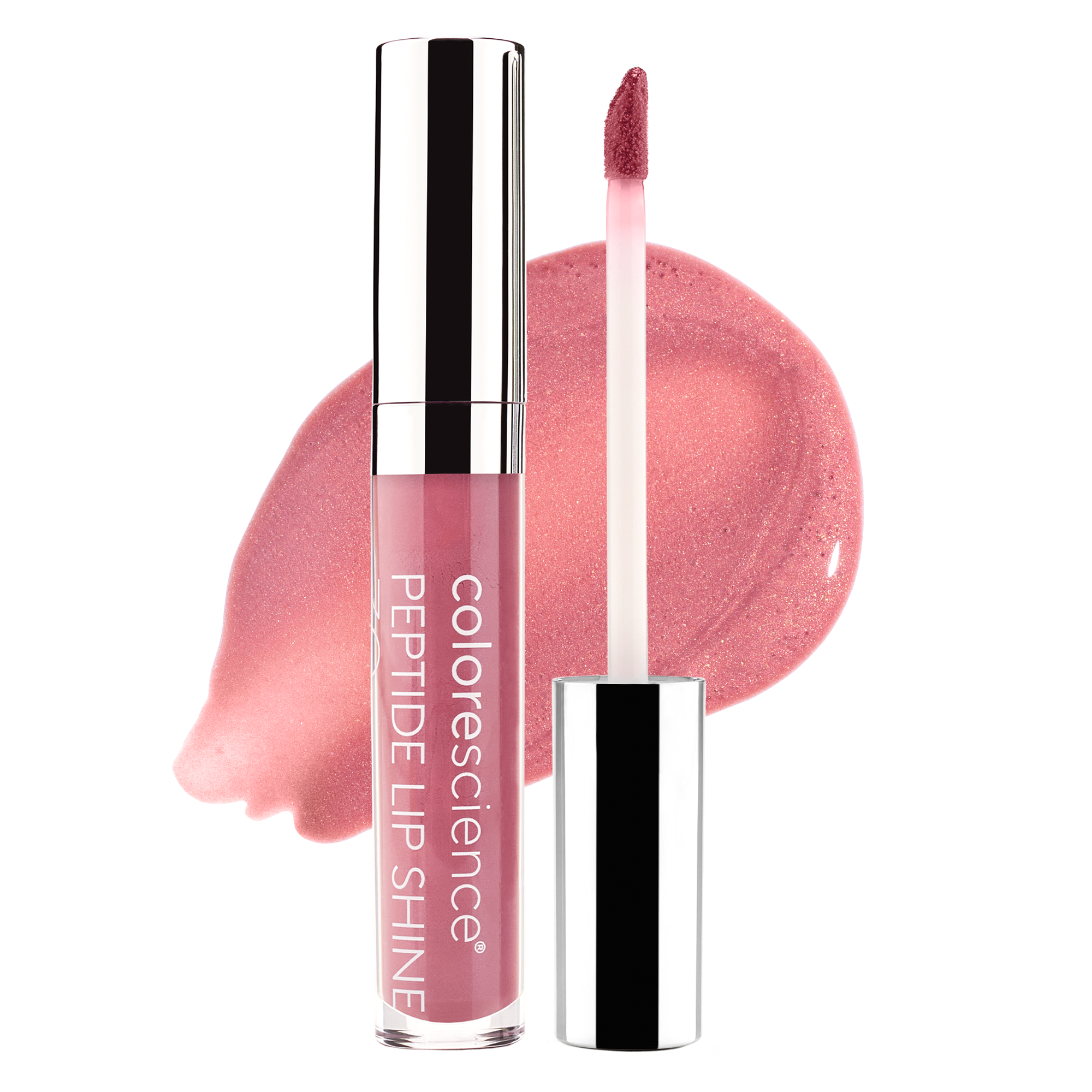 Peptide Lip Shine SPF 30 bottle with swatch behind || Rose