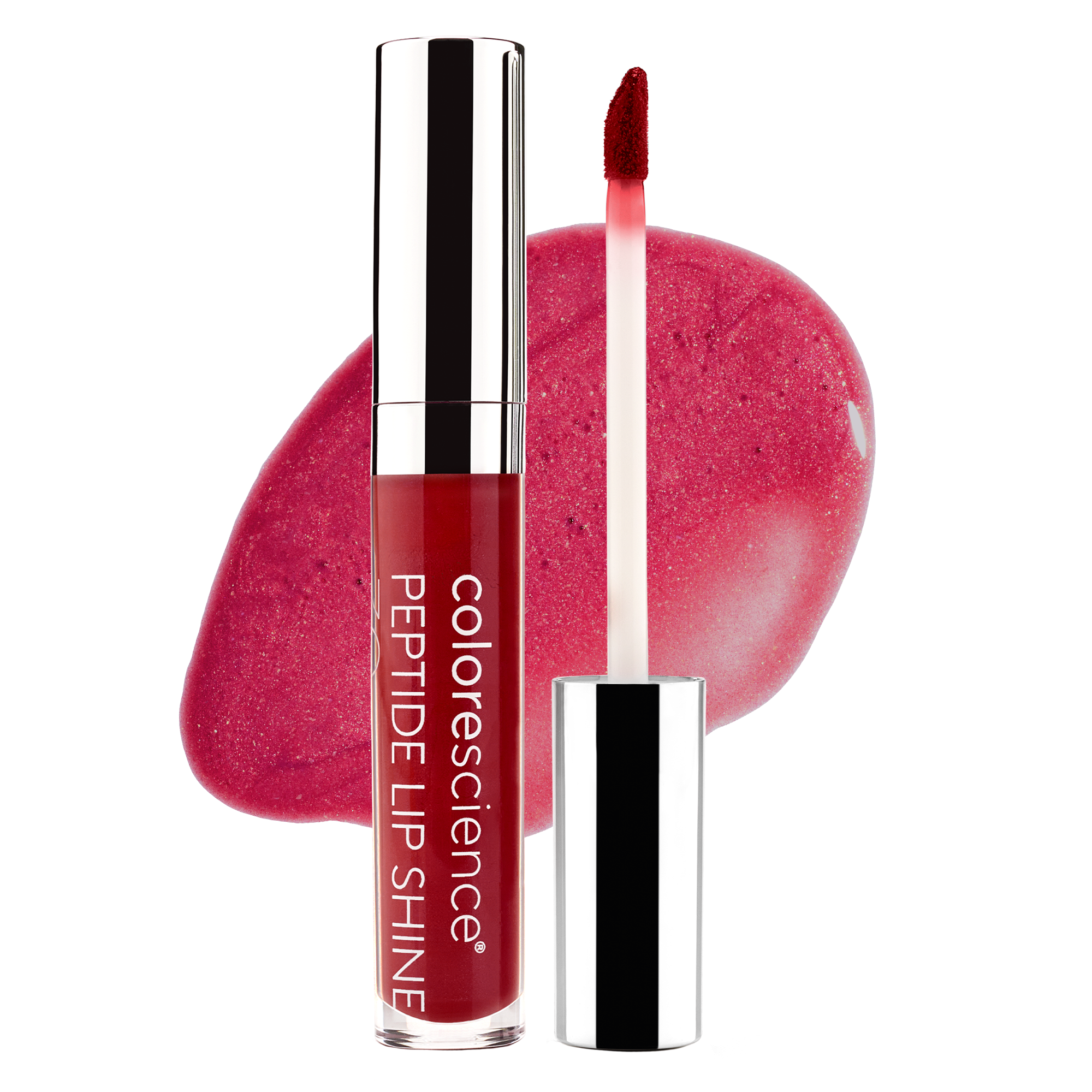 Peptide Lip Shine SPF 30 bottle with swatch behind || Scarlet
