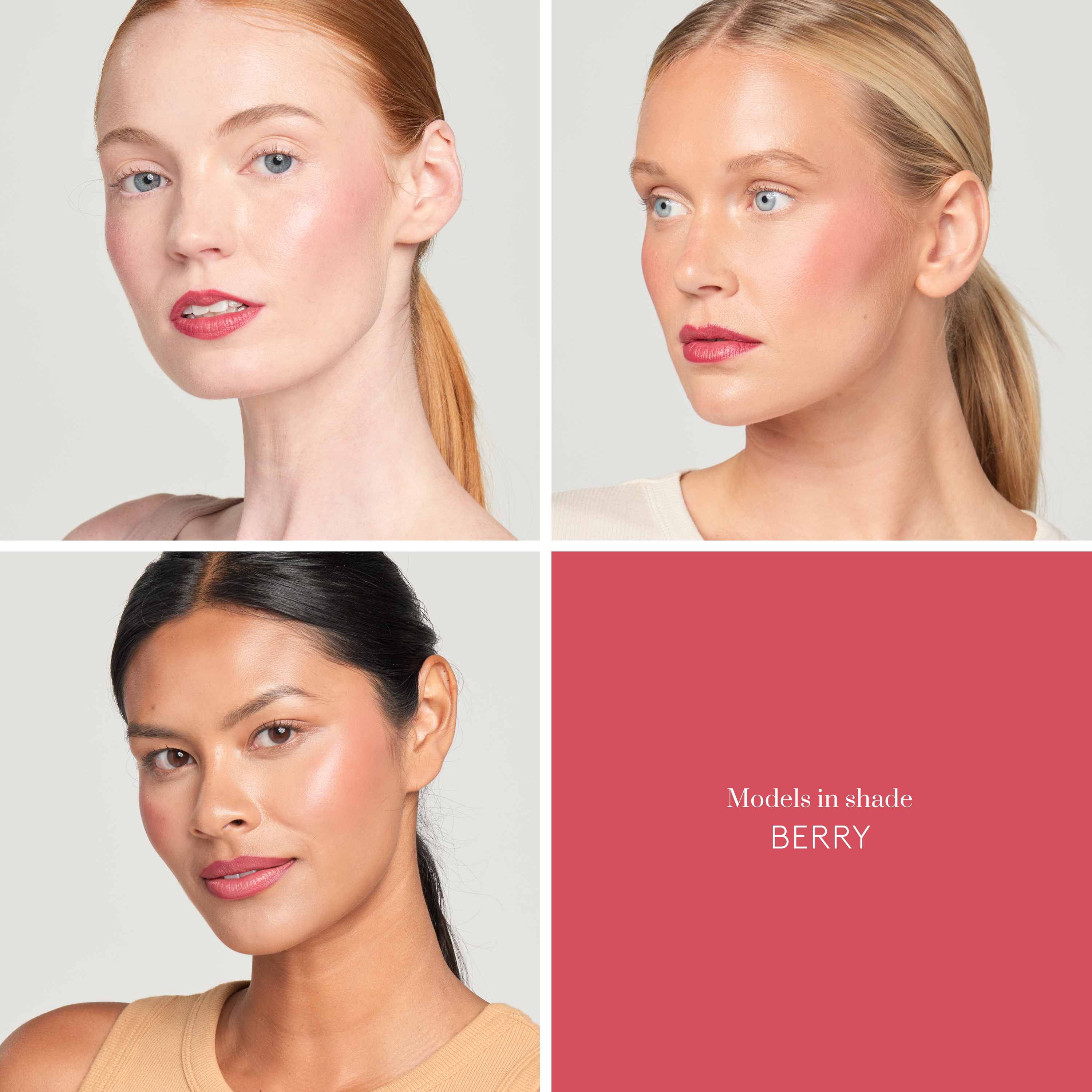 Three models of fair, medium, and light skin tone wearing Sunforgettable® Total Protection™ Color Balm SPF 50 in Berry || Berry