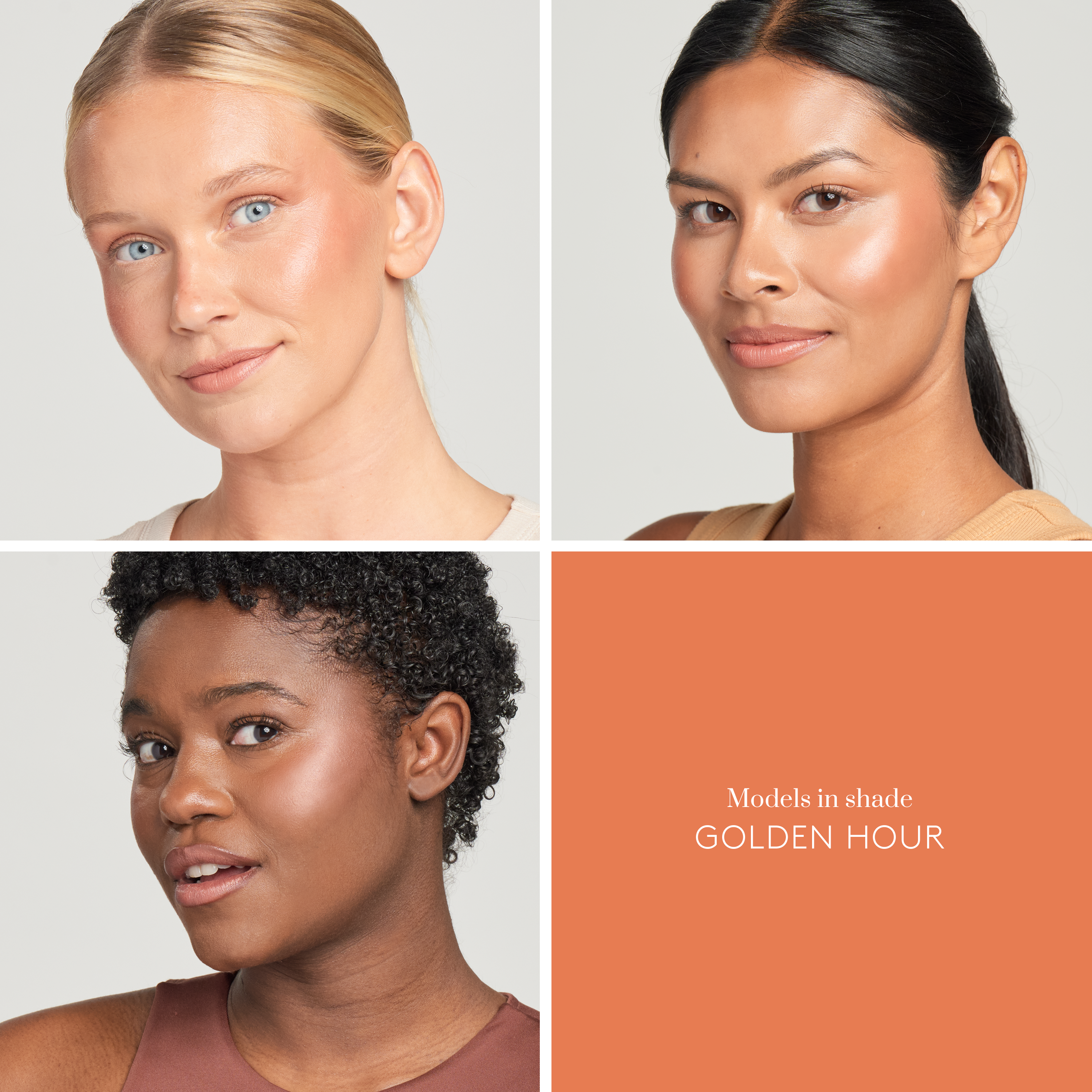 Three models of fair, medium, and deep skin tone wearing Sunforgettable® Total Protection™ Color Balm SPF 50 in Golden Hour || Golden Hour