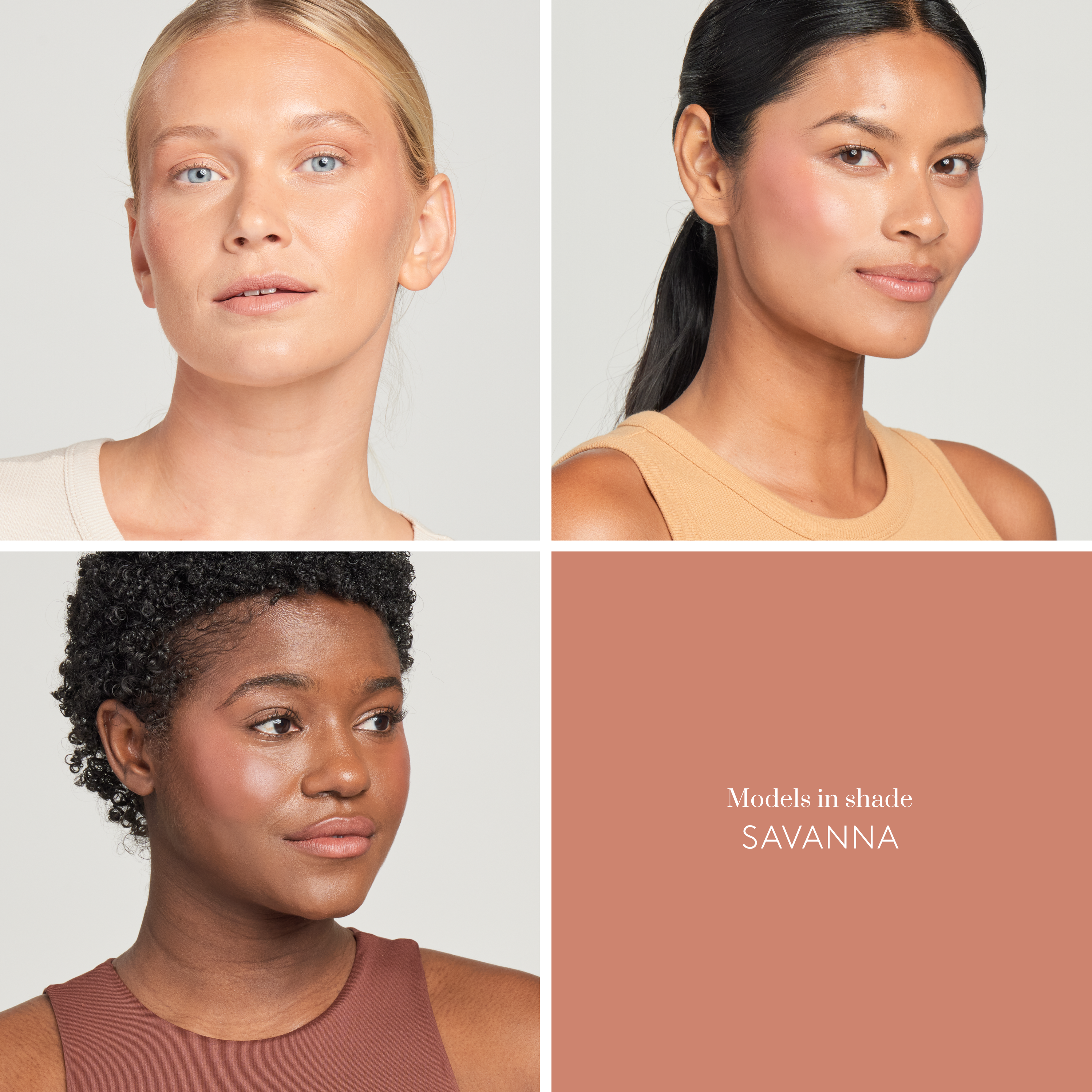Three models of light, medium, and deep skin tone wearing Sunforgettable® Total Protection™ Color Balm SPF 50 in Savanna || Savanna