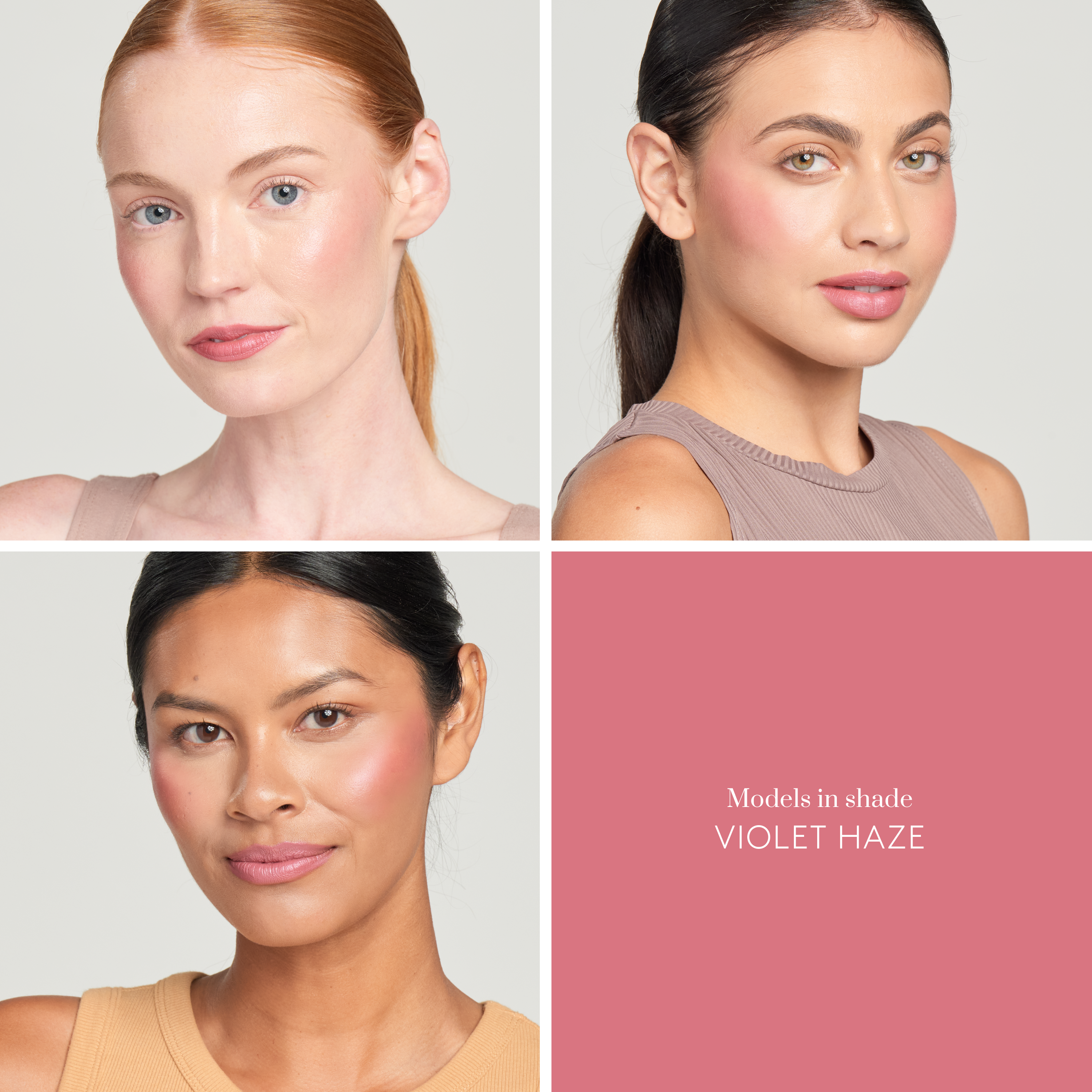 Three models of fair, light and medium skin tone wearing Sunforgettable® Total Protection™ Color Balm SPF 50 in Violet Haze || Violet Haze