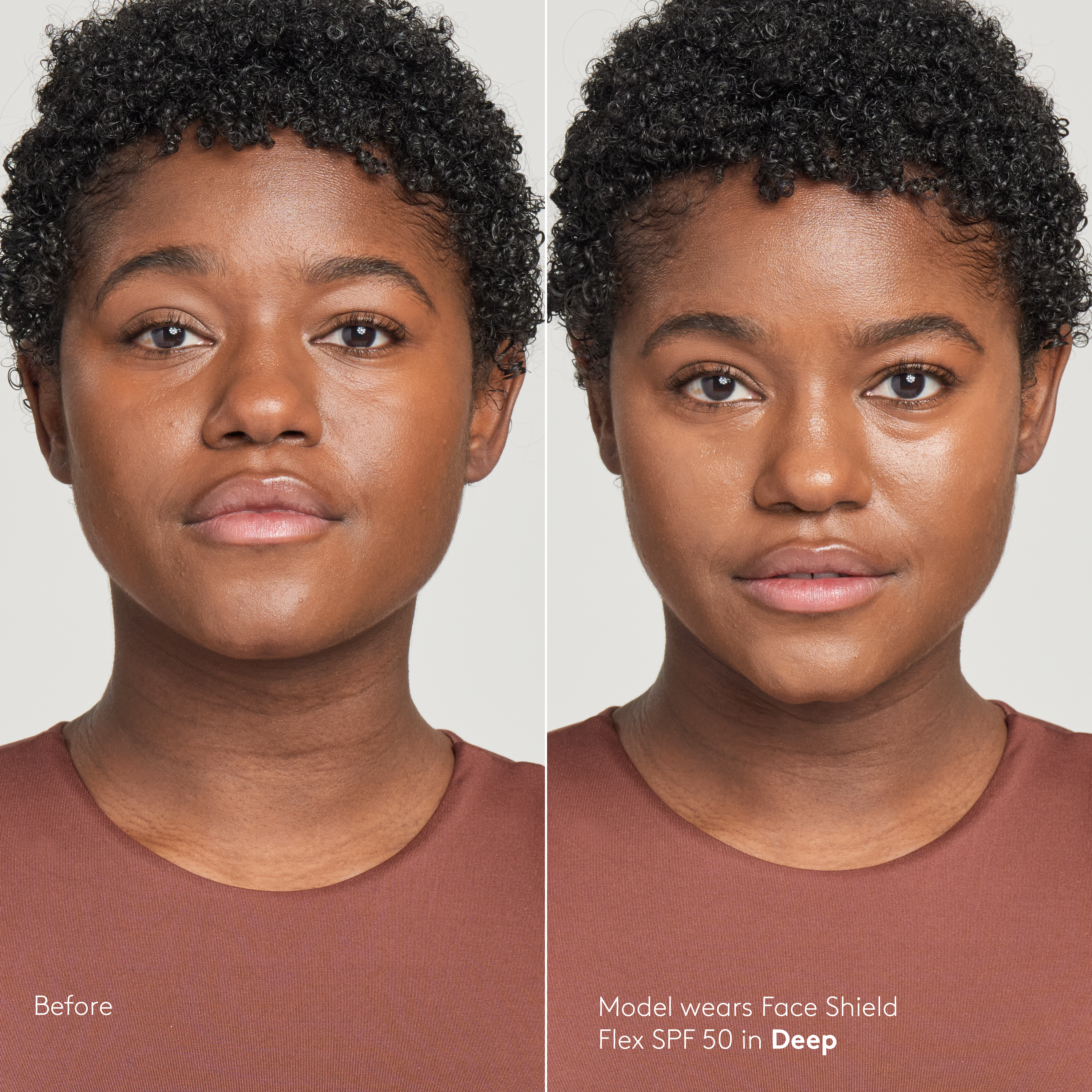 Sunforgettable® Total Protection™ Face Shield SPF 50 Flex before and after on model in Deep || Deep