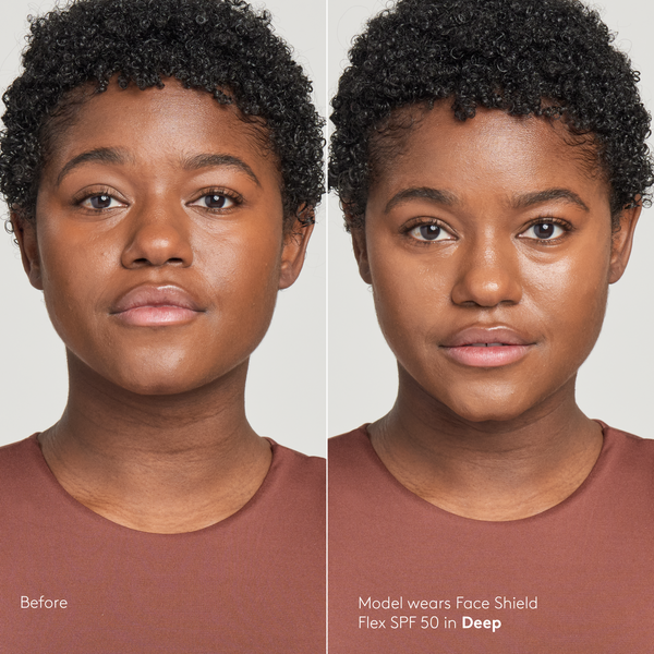 Sunforgettable® Total Protection™ Face Shield SPF 50 Flex before and after on model in Deep