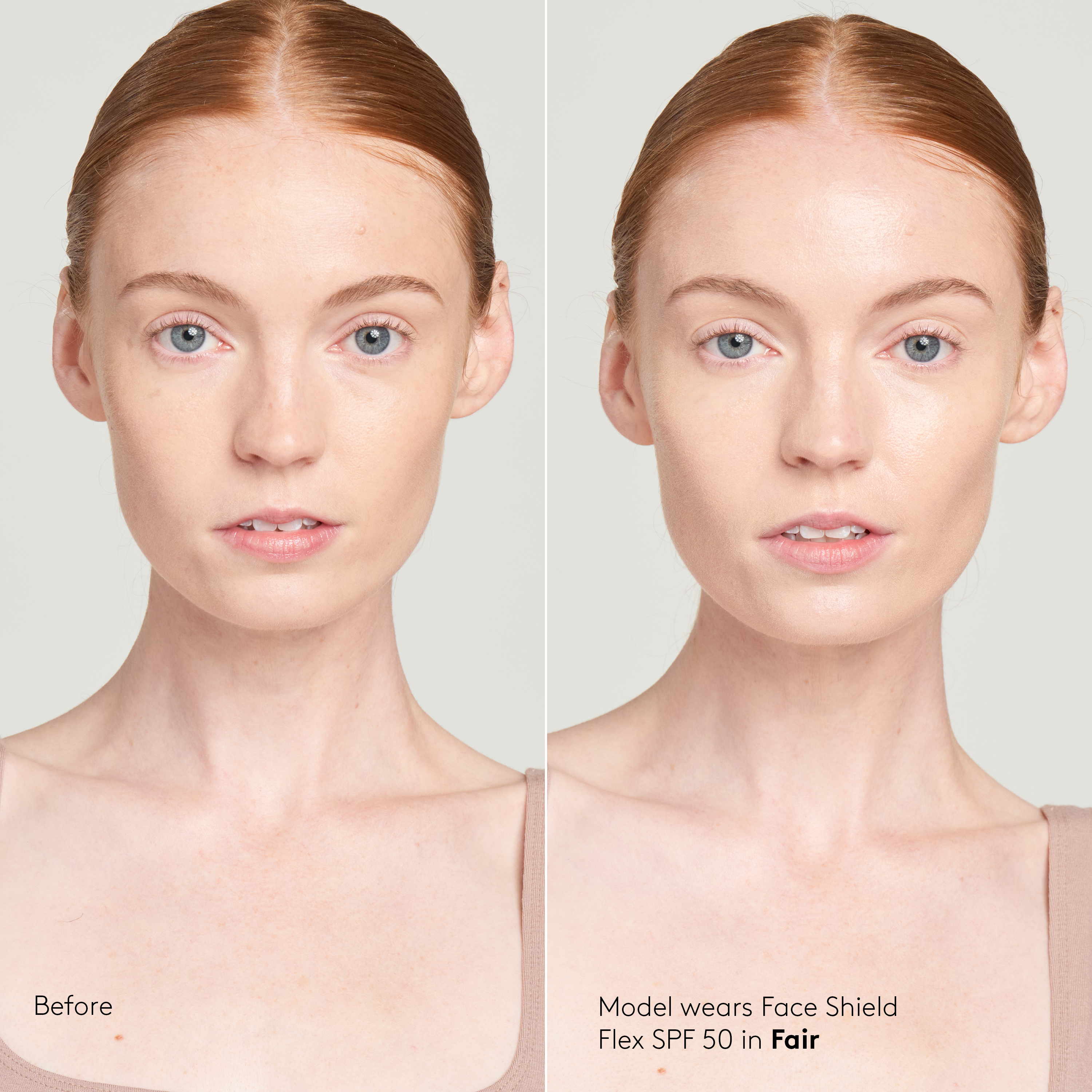 Sunforgettable® Total Protection™ Face Shield SPF 50 Flex before and after on model in fair || Fair